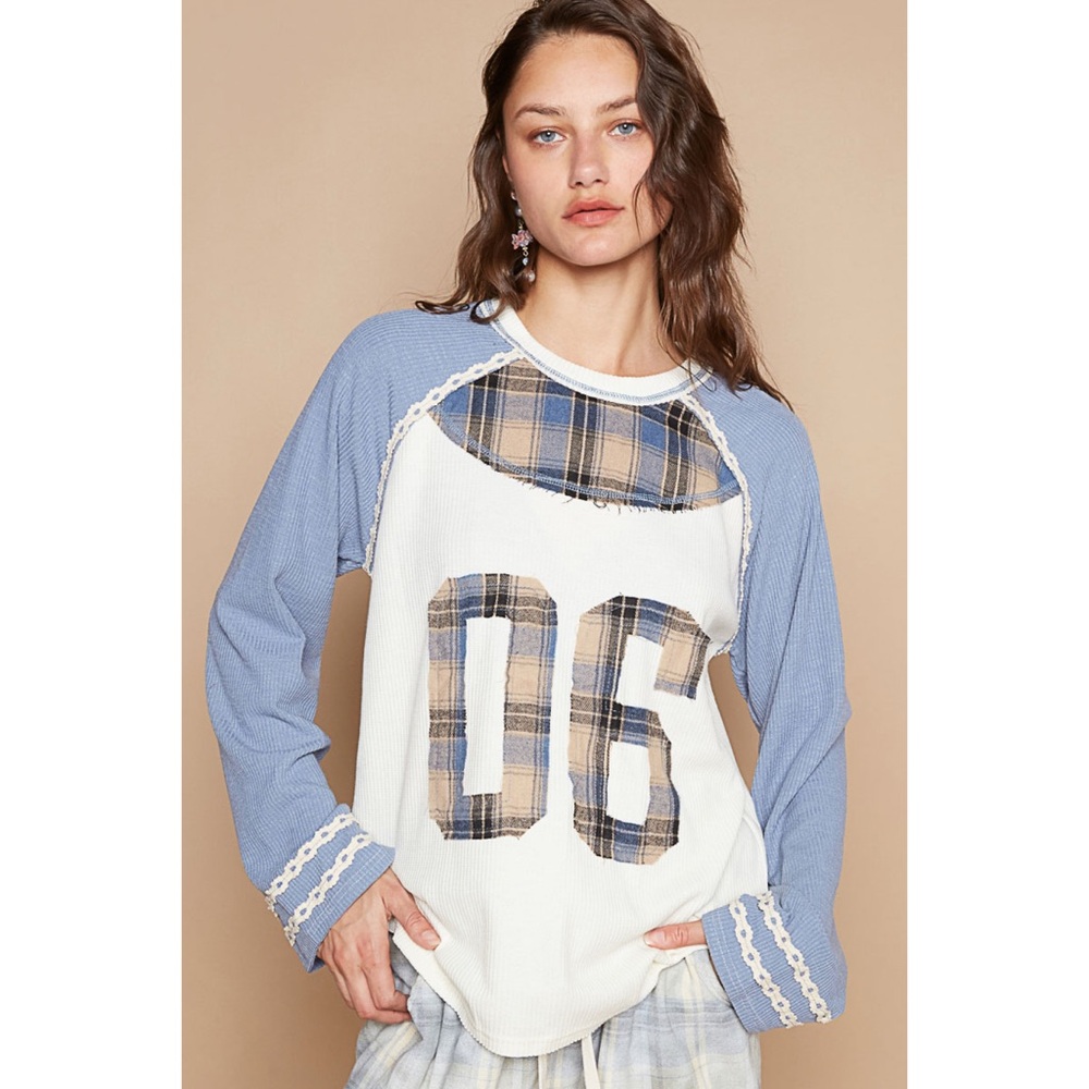 LAST 2! POL Denim Blue Patch Detail Thermal Ribbed Knit Top!